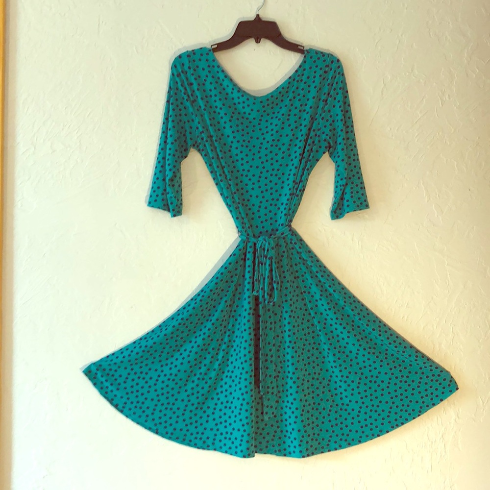 Green and navy polka dot dress